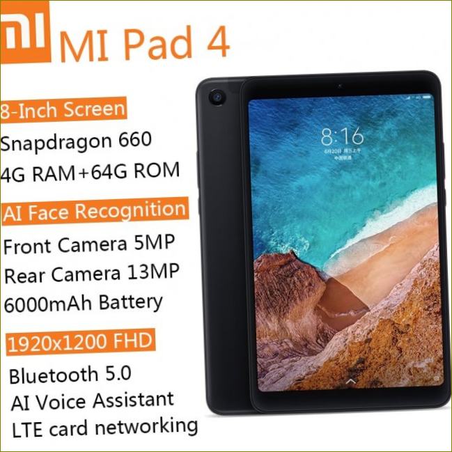 Xiaomi MI Pad 4 Tablet, 8.0 инча, Android, Wi Fi, LTE, 4GB 64GB, HD дисплей, 6000mAh, MIUI 9.0, Snapdragon 660 Core 8, Tablet PC|Платки||| AlieXpress