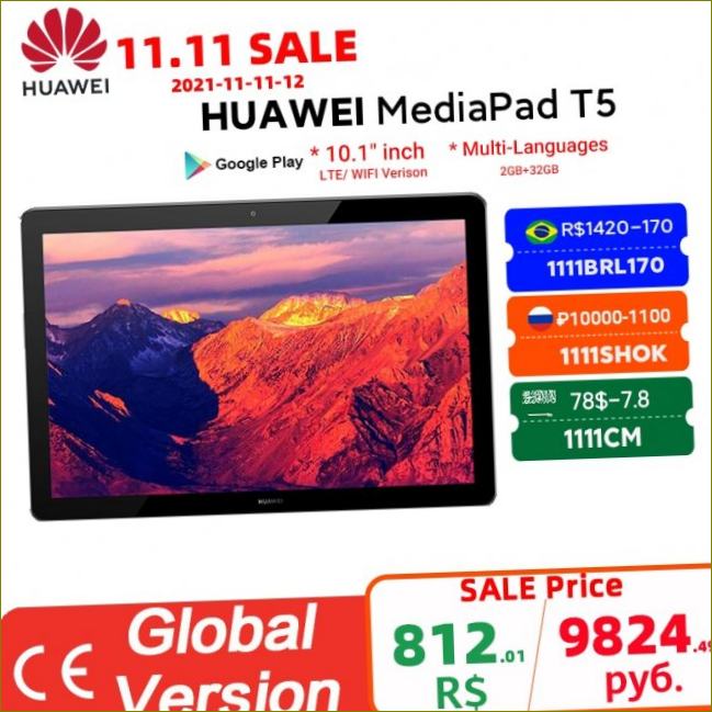 Глобално издание HUAWEI MediaPad T5 4GB 64GB Tablet PC 10.1 Inch Octa Core Dual Speaker 5100mAh, microSD Card Support Android 8.0|Планети||| Aliexpress