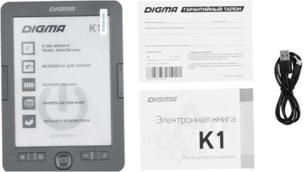 6" E-book DIGMA K1 - размери: 116x164x9,5 mm, тегло: 150 g